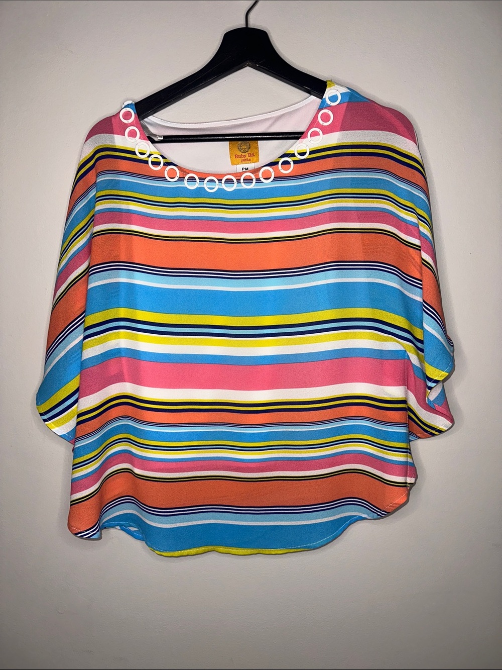 Summer Colorful Stripe Poncho Batwing Top with White Circle Neckline, Petite M